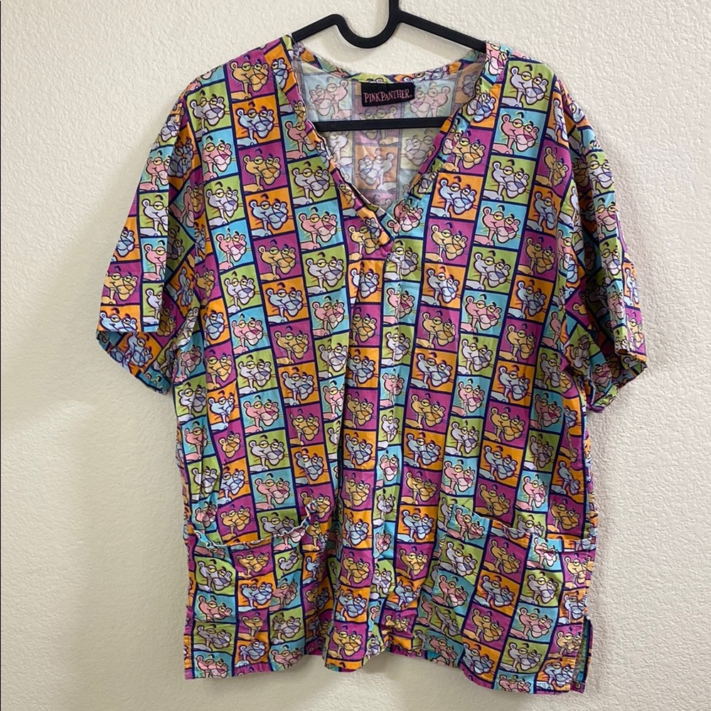 Vibrant Pink Panther Cartoon Print‎ Men's Scrubs